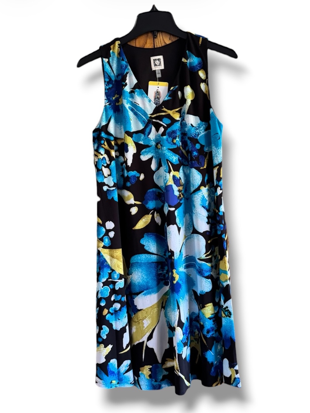 Anne Klein Womens Sleeveless Blue Floral A-Line Dress